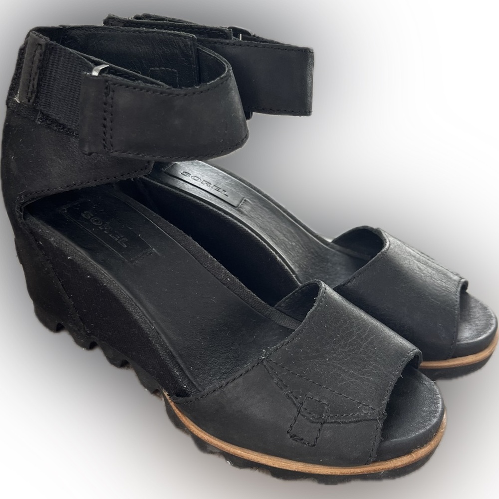 Sorel Women's Joanie II Wedge Sandals - Black Full-Grain Leather